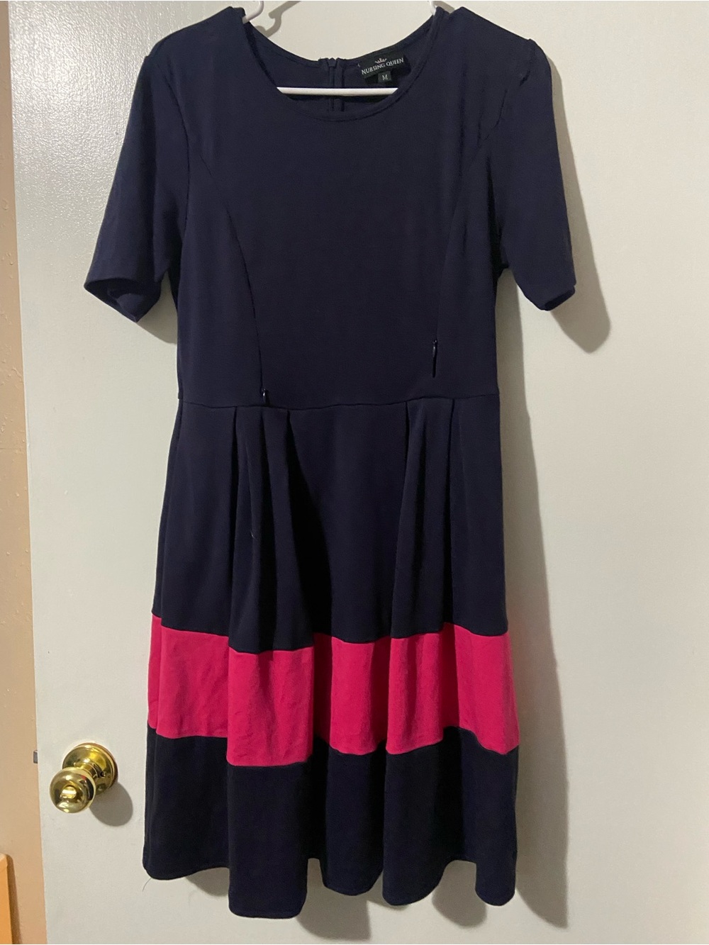 Nursing Queen Navy Scoop Neck Dress with Pink Hem Accent
